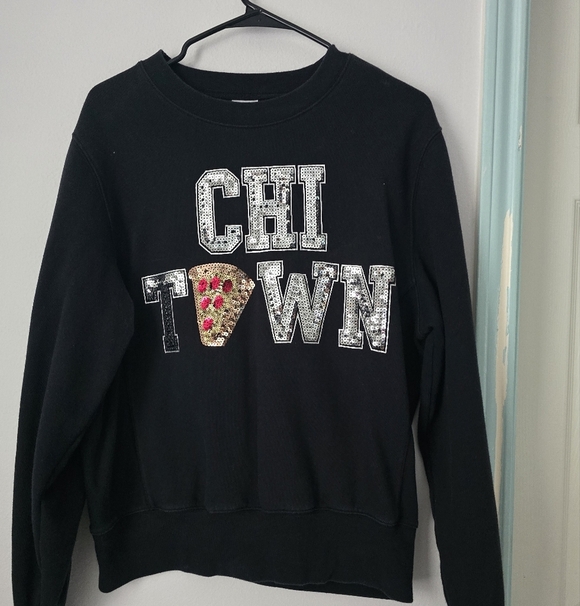 PINK Black Sequin Chi Town Chicago DeepDish Pizza Sweatshirt size S/P - Picture 2 of 13